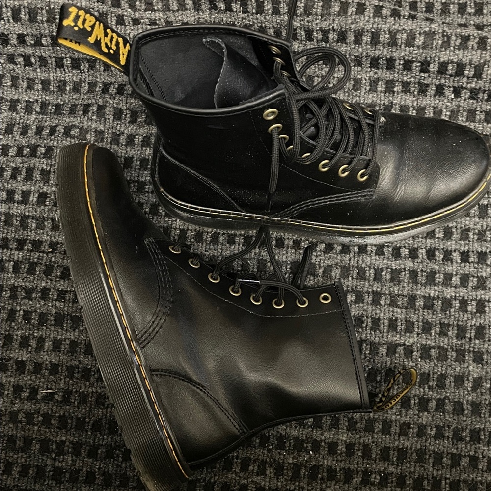 Dr. Martens Black Leather Boots with Yellow Stitching